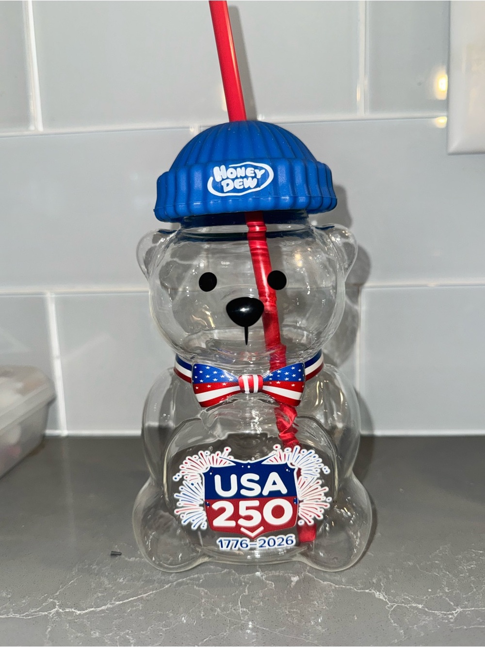 Honey Dew USA 250 Bearista Cup with Blue Beanie & Red Straw